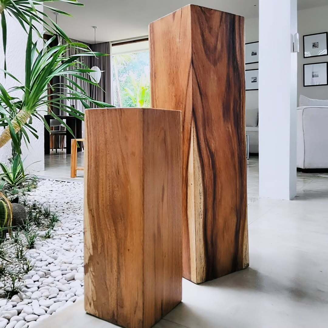 Deux socles ou tabourets massifs en bois brut, aux teintes riches, dans un intérieur moderne avec un jardin minéral en galets blancs.